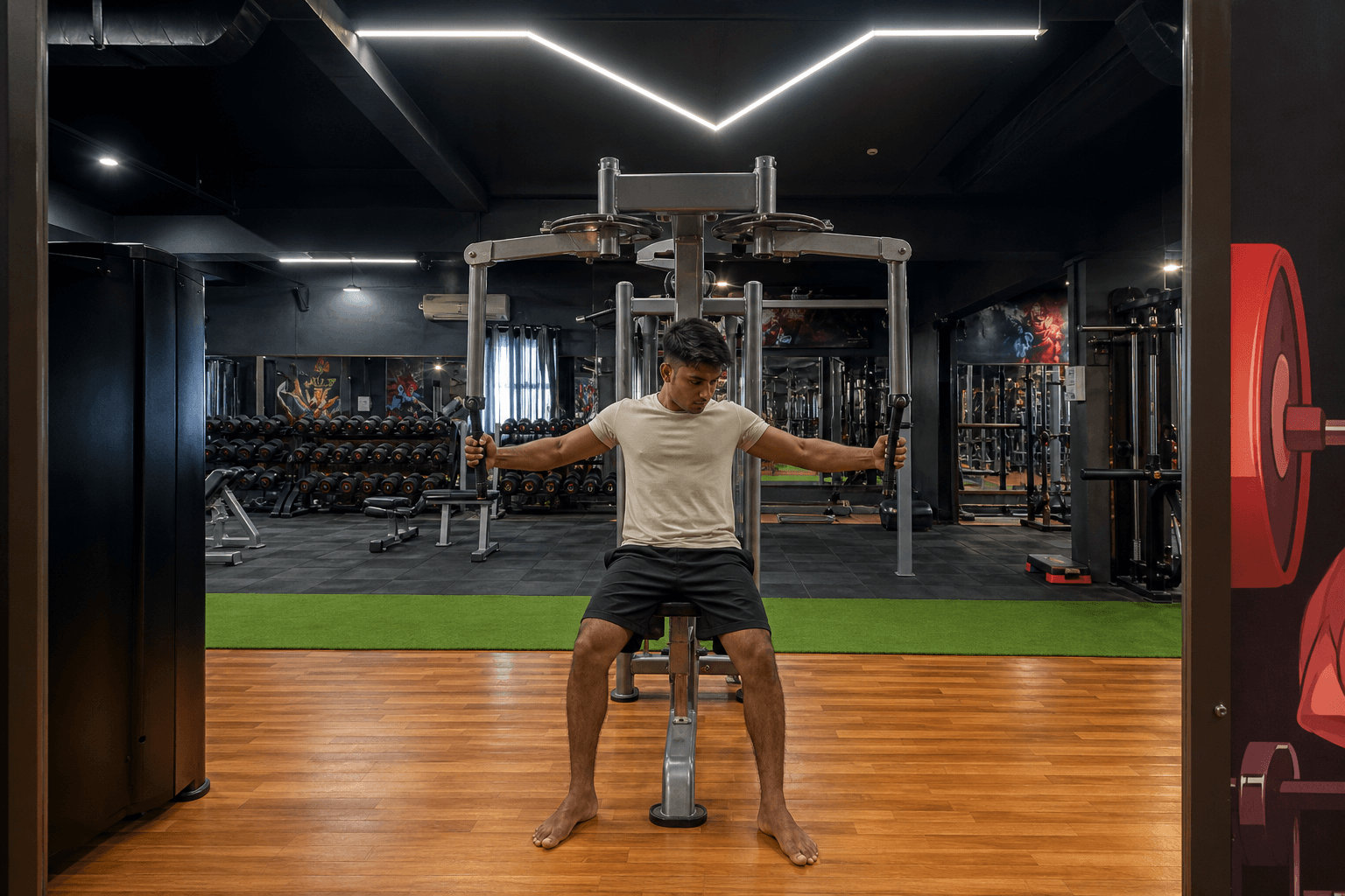 Chest-fly training beside a gym mirror wall