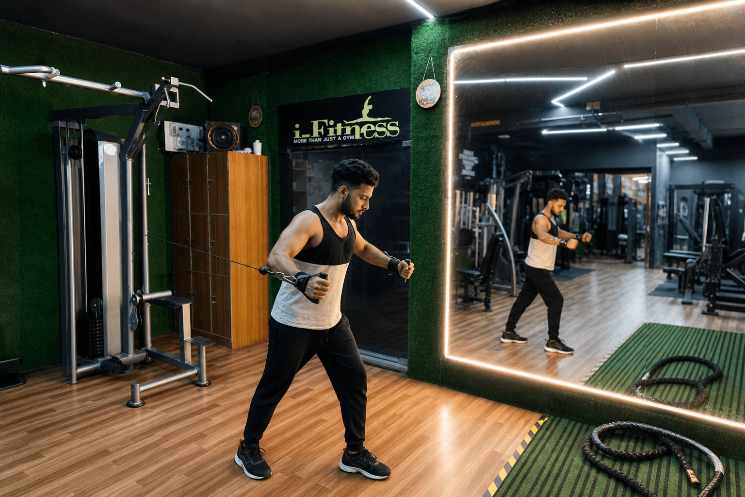 Training beside the iFitness mirror wall